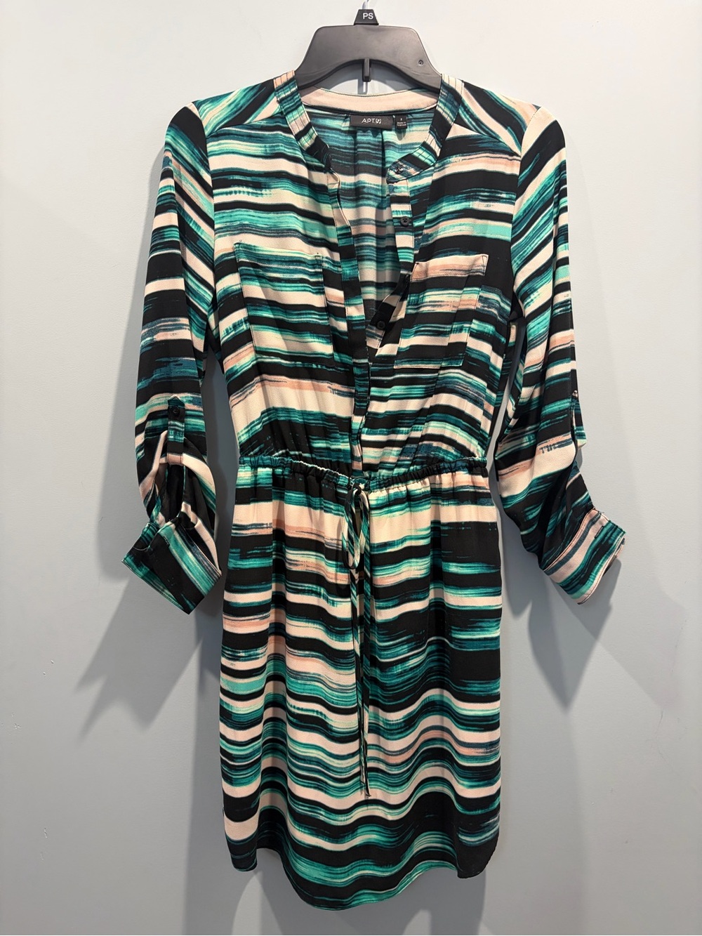 Apt. 9 Teal Black Striped Long Sleeve Button Down Shirt Dress Sz 2